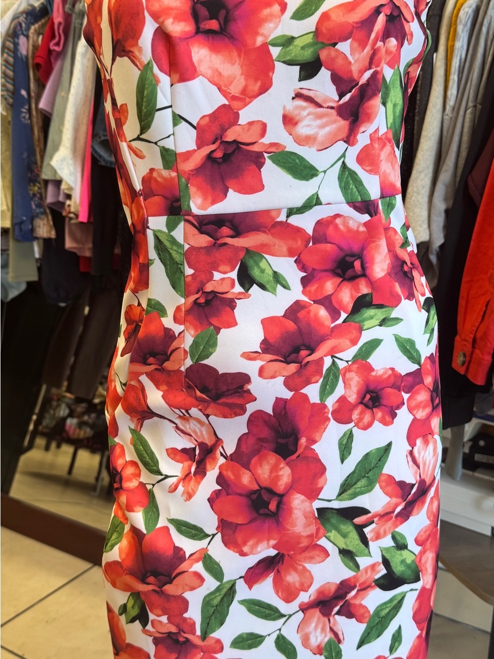 Calvin Klein White Strapless Dress with Red Floral Print